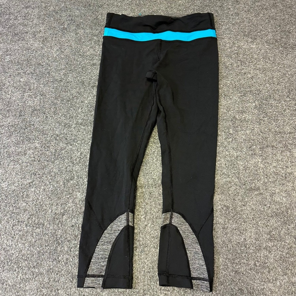Lululemon Leggings Womens Size 4 Black Blue Crop Yoga Athletic Back Zip Pocket